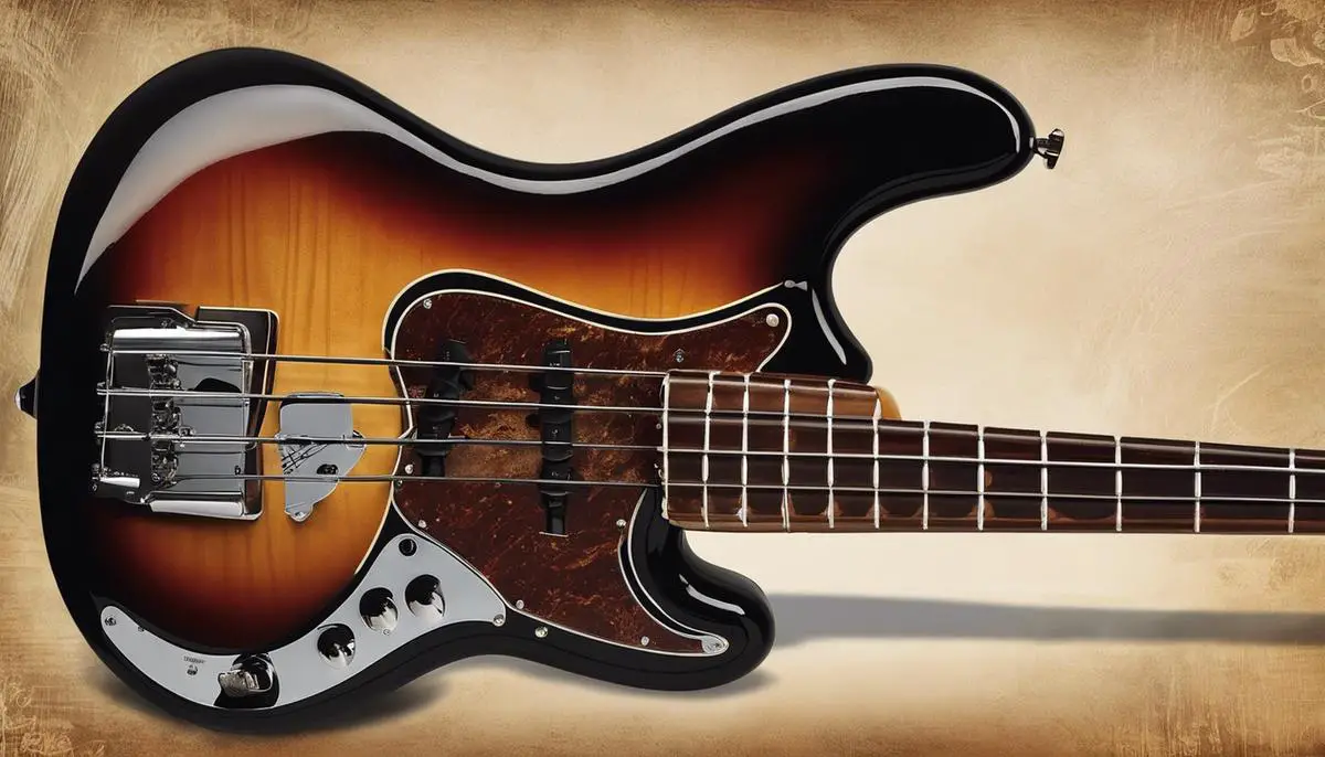 A vintage image of a P-Bass, showcasing its classic design and connection to rhythm and blues music.