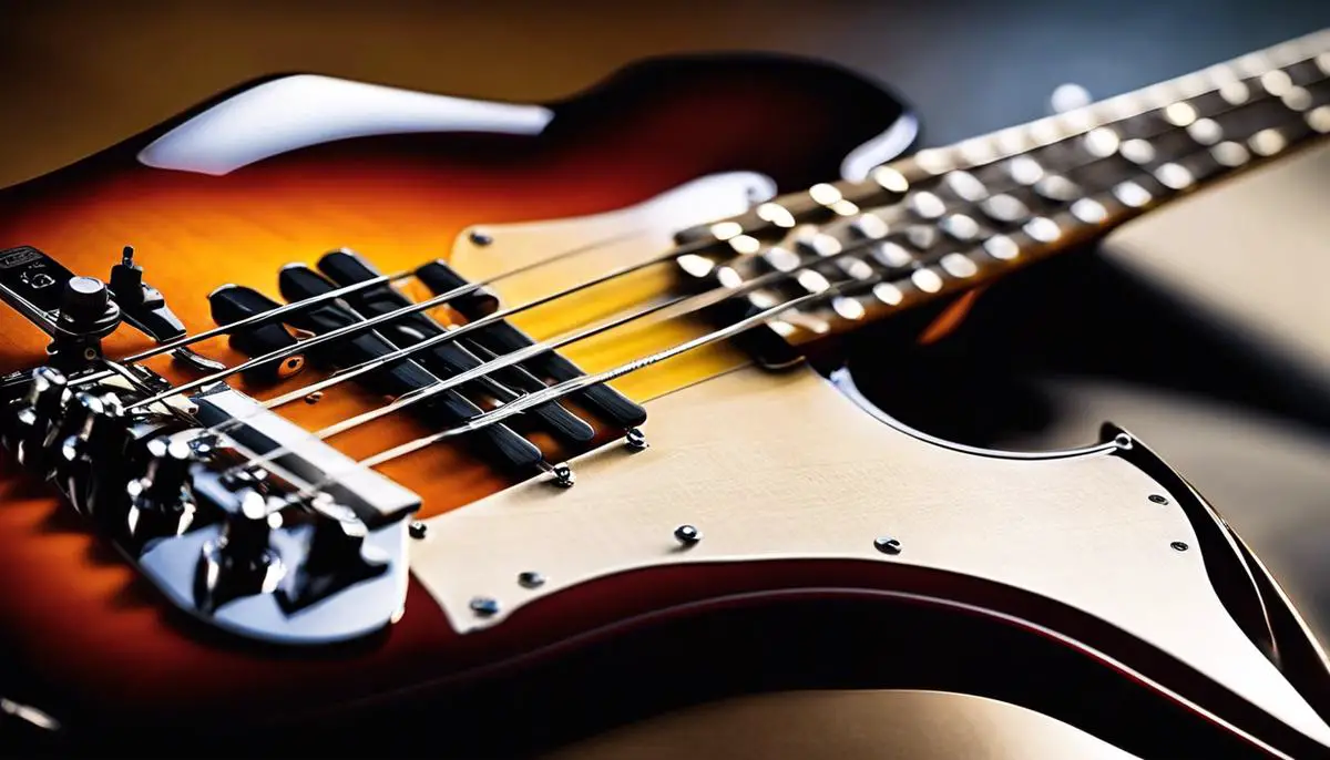 A close-up image of a P-Bass guitar, with its sleek body and strings, ready to be played.