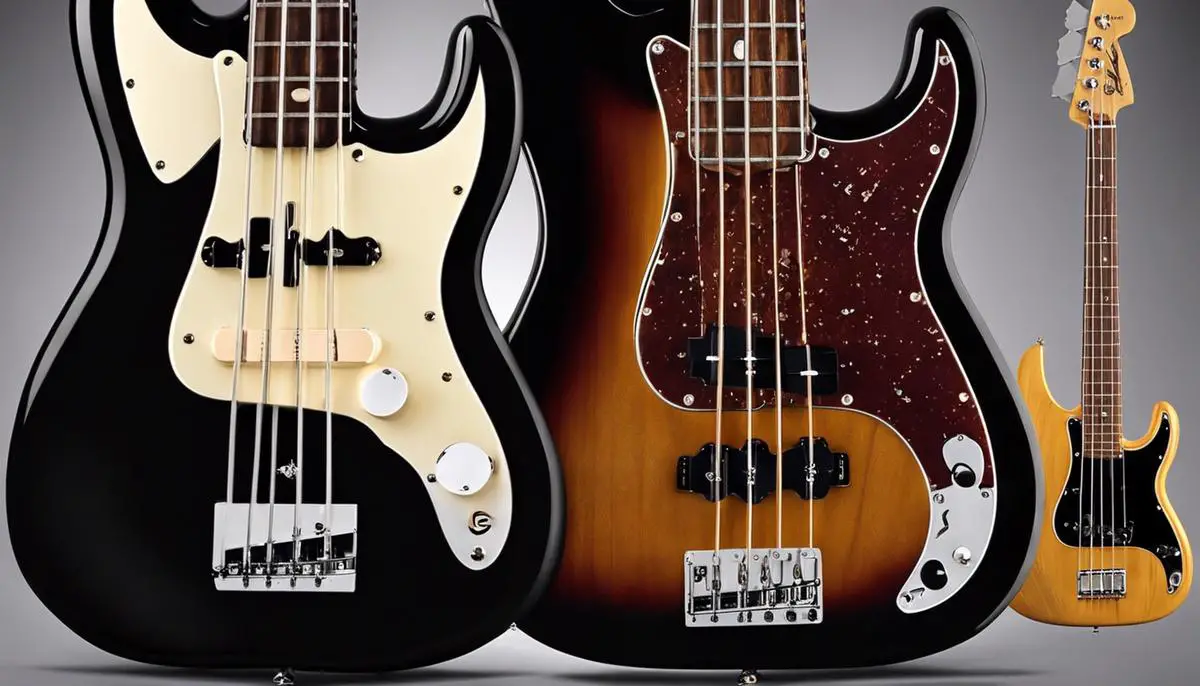 Image depicting two bass guitars, one Fender P Bass and one Squier P Bass, representing the comparison of the two instruments in the text