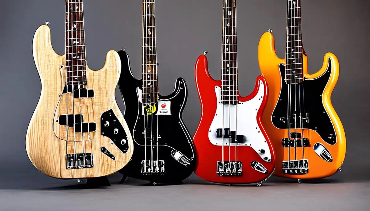 Two bass guitars, one Fender Precision Bass and one Squier P Bass.