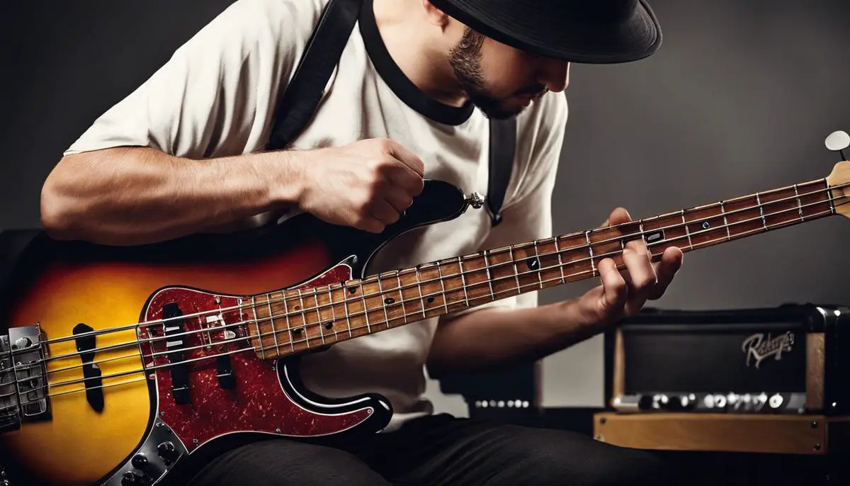 Image depicting a person changing the strings of a PBass guitar