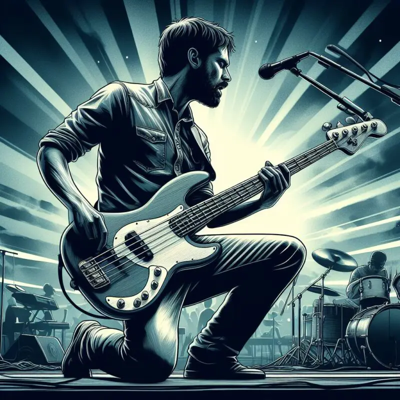 Digital art of a Rock band bass player playing a Precision bass on stage.