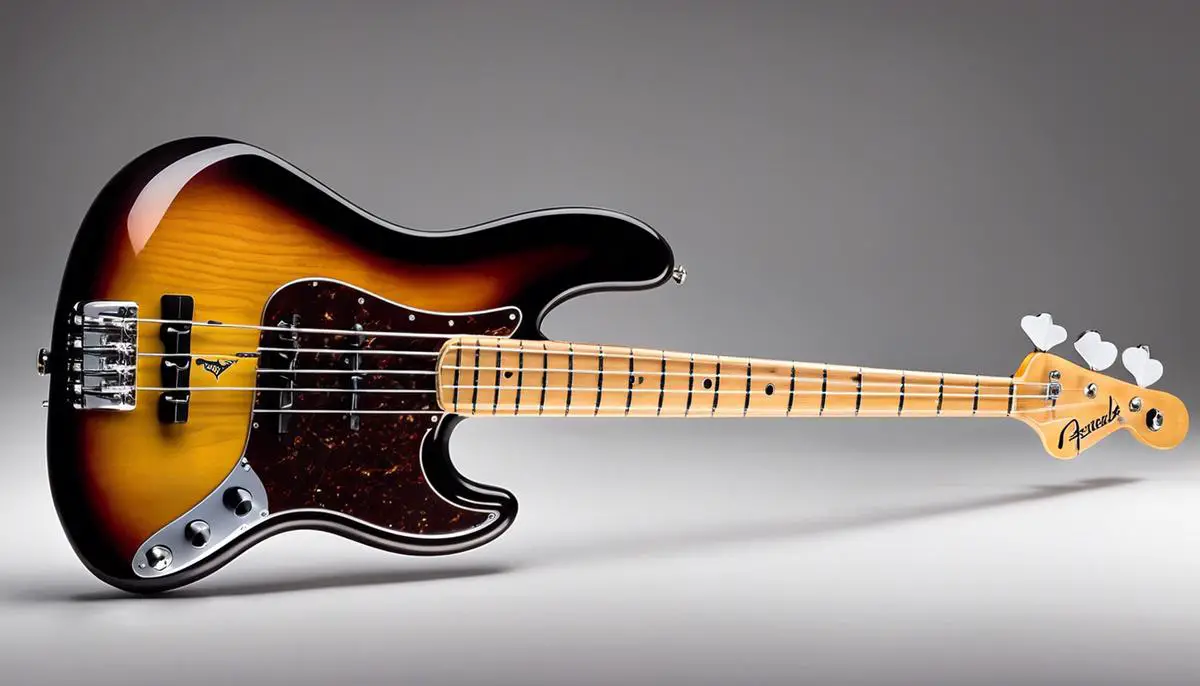 Image of a Fender Precision Bass, a world-renowned electric bass with a sunburst finish and a double cutaway silhouette.