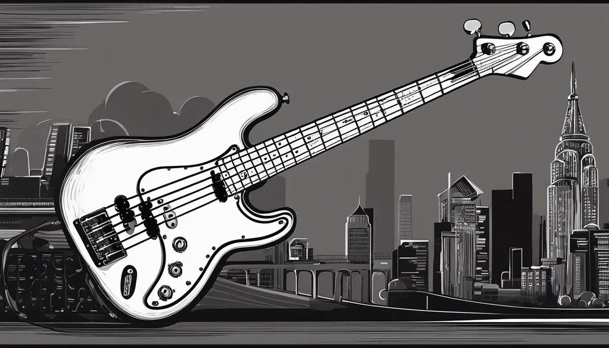 P Bass Sound. Image of a Precision Bass guitar with different types of strings and pickups to depict the importance of their influence on the overall tone.