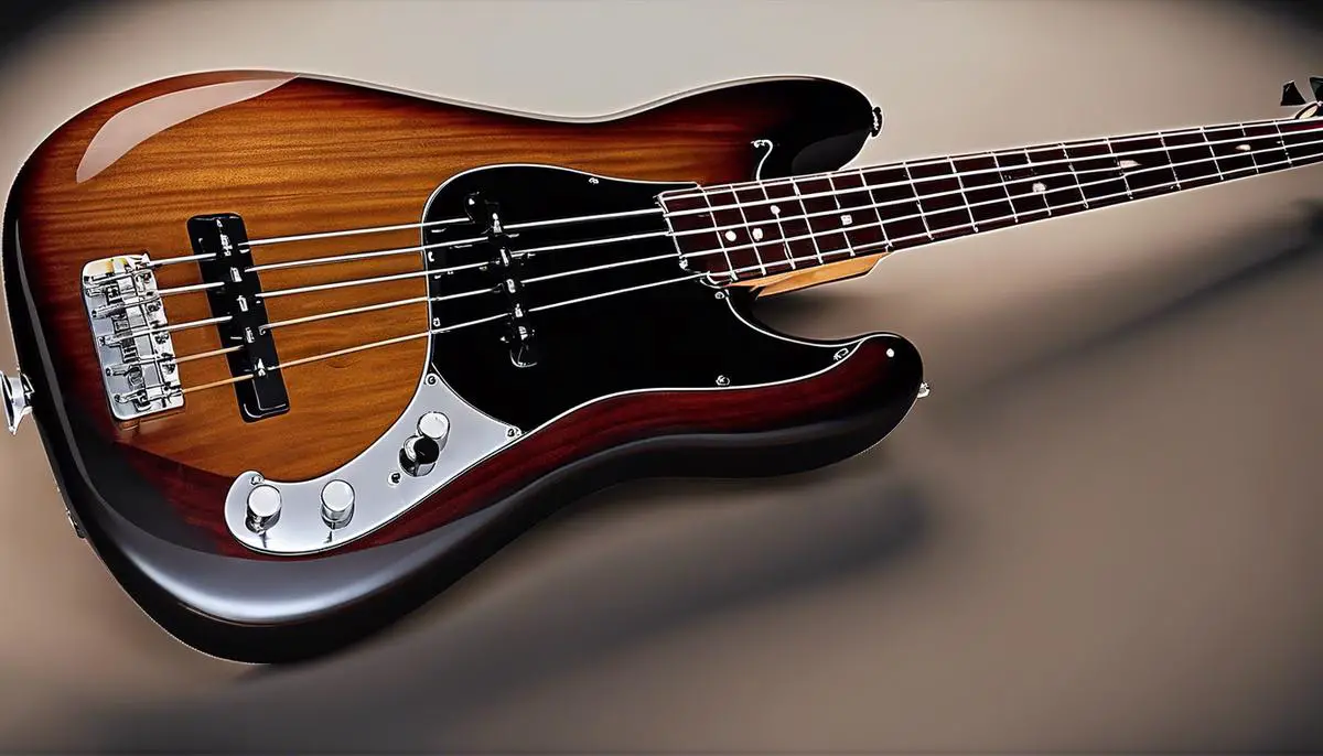 Image of a PBass guitar with a smooth design and dark wood finish, representing the beauty of the instrument.