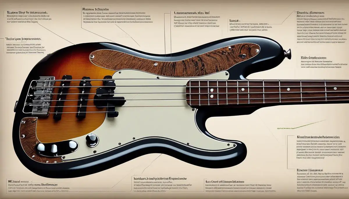 Image description: Close-up of a Precision Bass (PBass) guitar with a diagram showing the different parts of the instrument.