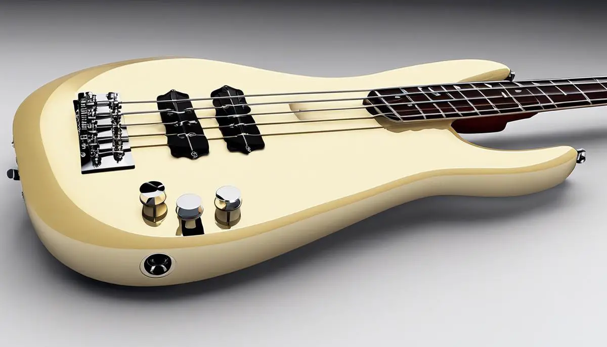 A close-up image of a P-Bass guitar, with its sleek design and shiny finish.