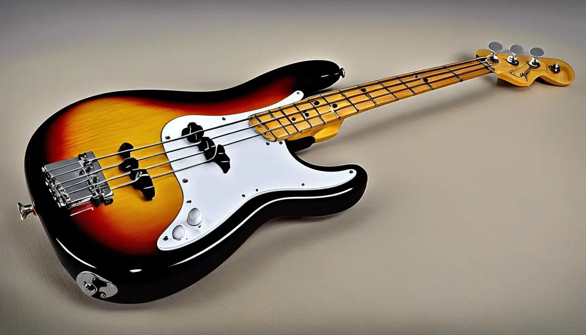 A Fender Precision Bass guitar, a classic and iconic instrument that has played a significant role in the history of music.