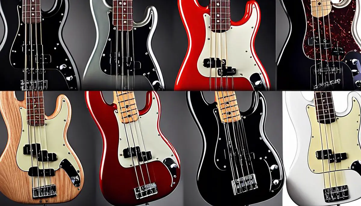 Image showing various budget-friendly alternatives to the Fender Precision Bass, showcasing their sleek designs and versatility.