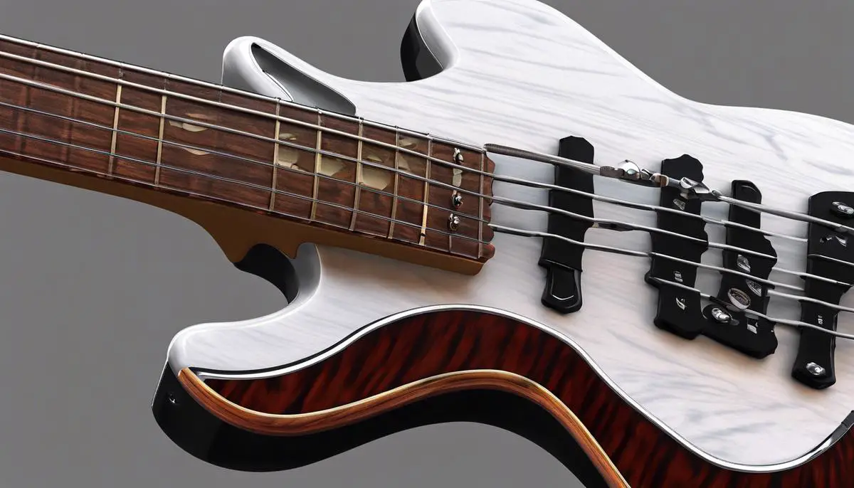 A close-up image of a PBass electric bass guitar that showcases its unique design and features.