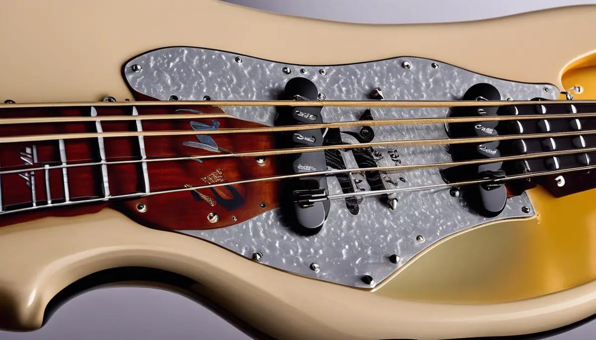 A close-up image of a Fender Precision Bass, showcasing its distinctive design and craftsmanship along with the text 'P-Bass Sound' in bold letters.