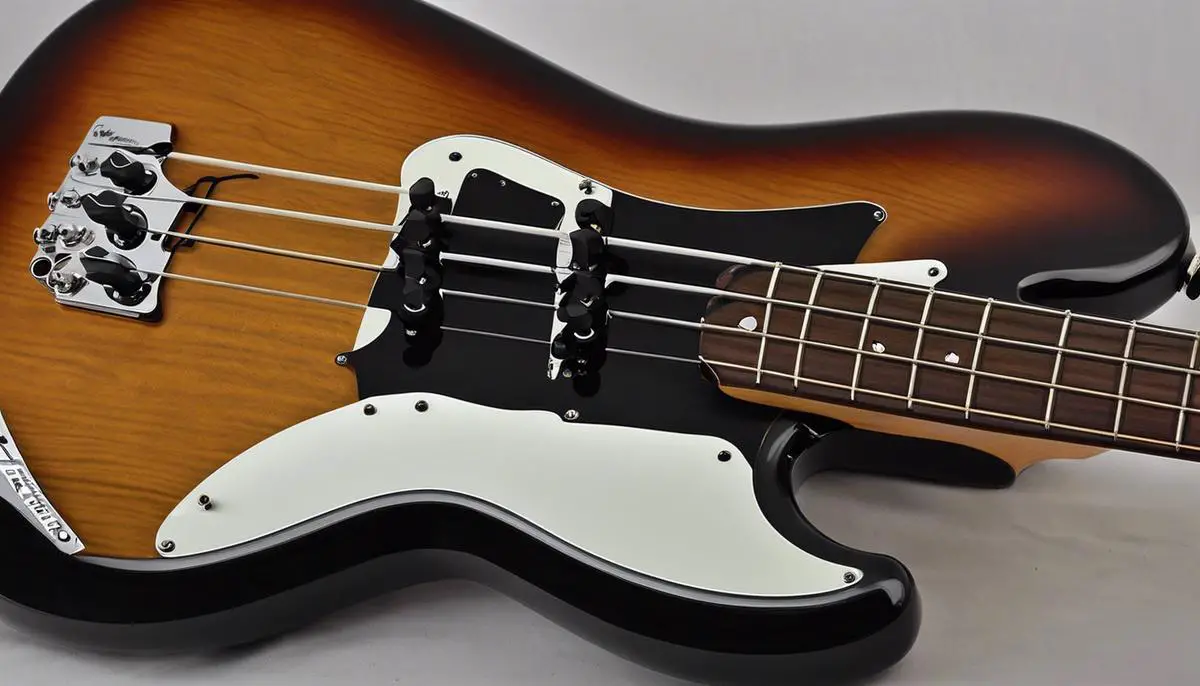 A Precision Bass guitar with a glossy finish, four strings, chrome hardware, and a maple fretboard.
