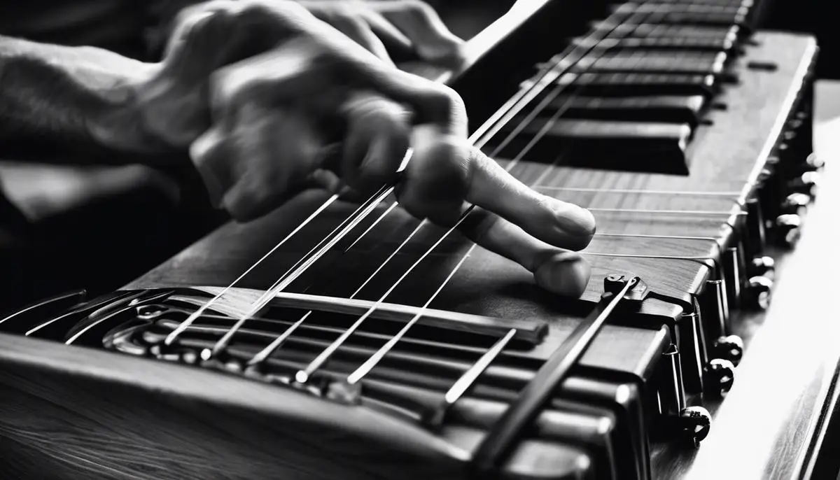 Image of a person replacing bass strings with dashes instead of spaces