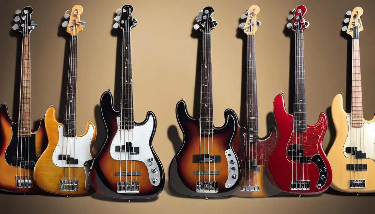 An image showing the evolution of the P-Bass through different decades, from the 1950s to modern times, depicting its impact on music history.